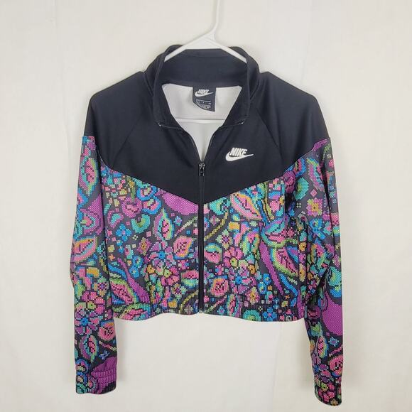 Nike black and multi color pixelated floral cropped full zip track jacket small - Picture 3 of 8